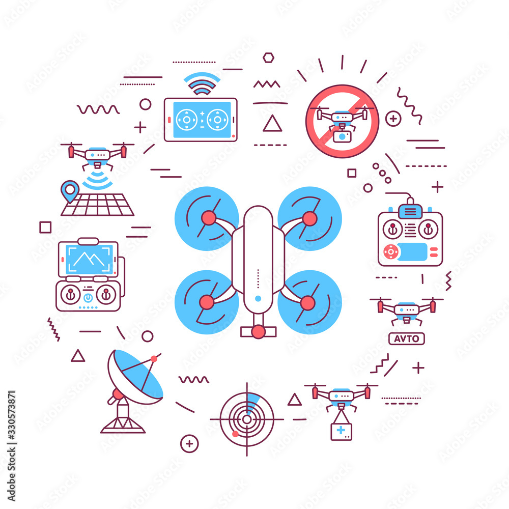 Poster drone automatic unmanned control web banner. aircraft devices. infographics with linear icons on whi