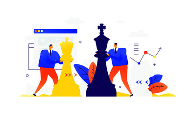 Illustration of businessmen playing chess. Competition in business. Vector. Metaphor. Development of interfaces. Strategy and tactics in business. Find out the relationship in business.