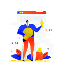 Illustration of a businessman with a light bulb and a cup. Vector. Metaphor. A man on the background of the interface window. Flat illustration. Winning business and achieving your goals through creat
