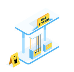Vector isometric blue Gas Station with yellow banner illustration. Fuel, hoses for a set of gasoline, a sign with the name of the gas station