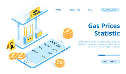 Blue gas station for cars. Application for a phone with price tags for gasoline and fuel. Smartphone, money, coins, refueling vector isometric illustration.