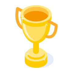 Stylish vector isometric Prize Achievement illustration. A large golden goblet with handles and on a thick stand with highlights and glow.