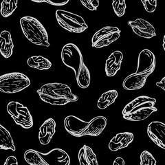 chalk drawn nuts and fried potato chips pattern on black chalkboard. seamless snack background. Sketch illustration of beer appetizer. peanuts, pistachio, potato crisps doodles wallpaper on blackboard