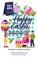 Happy Easter party poster, banner design layout. Vector illustration. Young people with painting Easter eggs and baskets