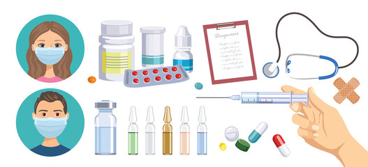 Medical healthcare set. Man and woman in medical protective masks, syringe, ampoule and plaster isolated on white background. Medical pills, capsules and bottles. Vector cartoon flat illustration. 