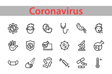 CORONAVIRUS a set of icons on the theme of Coronavirus, contains such icons as nucleation, hand washing, mask, bacteria, sneezing, Editable stroke, on a white background