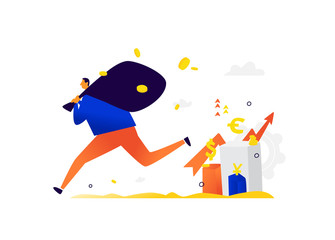 Illustration of a little man running away with investor income. The thief stole the capital. Metaphor. The rise and fall of foreign exchange assets. Stocks and bonds generate income.