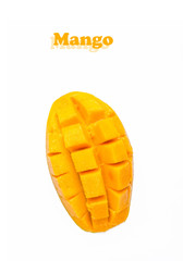 Creative layout made of halff of mango fruit. Mango slice isolated on white background. Top view. Flat lay