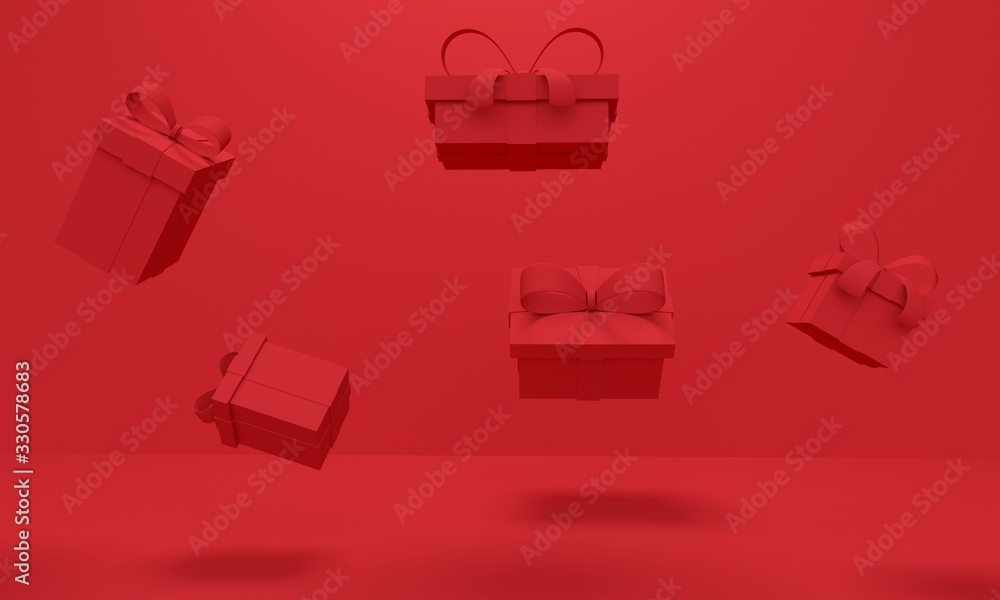 Poster levitating gifts with a bow on a red background. 3d rendering