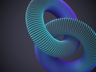 Linked 3D torus made up of glowing particles on dark background. Abstract visualization of network and global connection. Vector illustration of digital geometric shapes. - obrazy, fototapety, plakaty