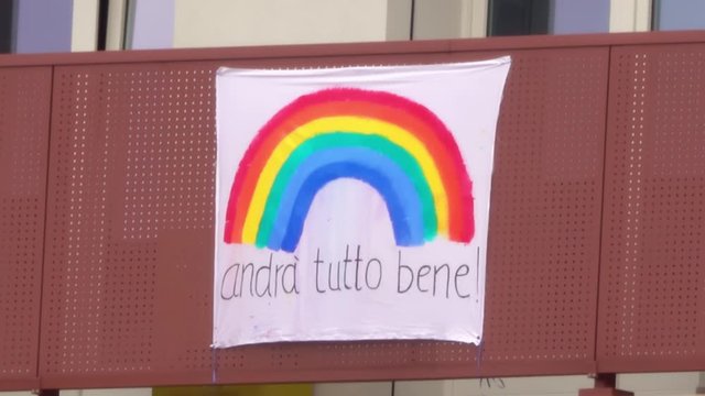 People in Italy hung banners reading "tutto andra bene", or "everything will be alright" as part of a show of solidarity for Coronavirus COVID-19 outbreak