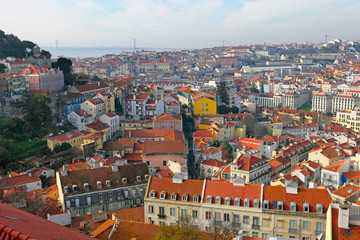 Naklejka na ściany i meble A beautiful morning panorama of Lisbon from the famous Miradouro da Graca viewpoint, Portugal