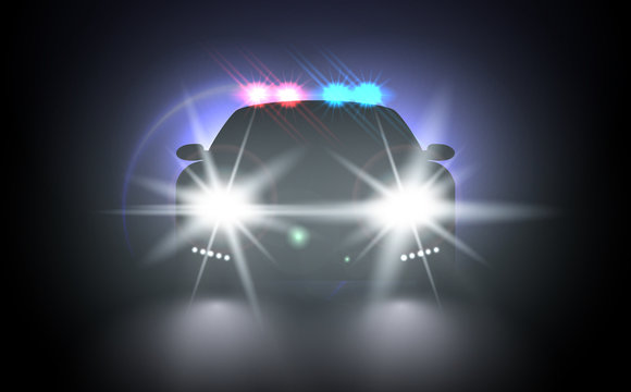Police car with flashing light realistic composition night urban scenery stylish automobile silhouette with headlights. Flash red and blue light police car. Bright special red blue police light beams.