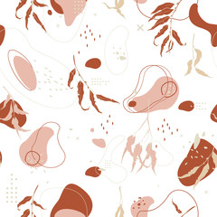 Abstract seamless pattern with branches of leaves and plants, lines and round shapes. Delicate skin color, terracotta and  beige.