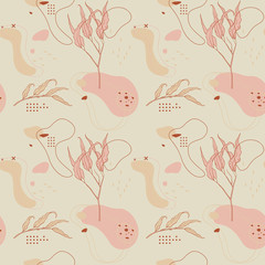 Abstract seamless pattern with branches of leaves and plants, lines and round shapes. Delicate skin color, pink, beige and brown.