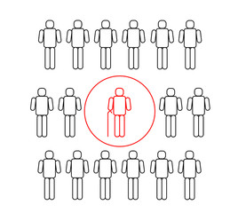 Self isolation of elderly people during the coronavirus COVID19 quarantine. Crowd of people and a red person in the isolated bubble. Concept raster illustration. 