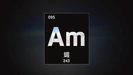 3D illustration of Americium as Element 95 of the Periodic Table. Grey illuminated atom design background with orbiting electrons name atomic weight element number in Chinese language