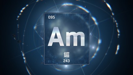 3D illustration of Americium as Element 95 of the Periodic Table. Blue illuminated atom design background with orbiting electrons name atomic weight element number in Chinese language
