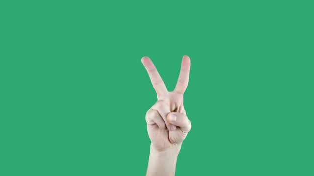 Male hand doing victory sign to show success. . Simbol of victory and peace emotion. Two fingers up. Green background.