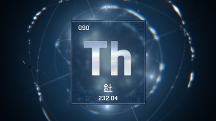 3D illustration of Thorium as Element 90 of the Periodic Table. Blue illuminated atom design background with orbiting electrons name atomic weight element number in Chinese language