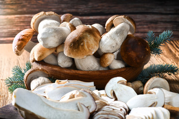 Mushroom Boletus in wicker basket. Autumn Cep Mushrooms. Spring cut Boletus edulis detail. Cooking delicious organic food mushroom.
