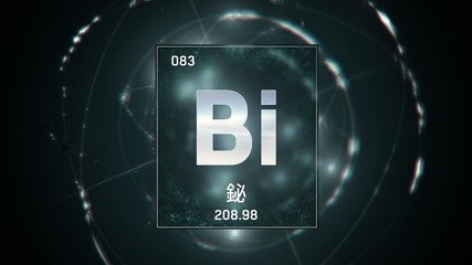 3D illustration of Bismuth as Element 83 of the Periodic Table. Green illuminated atom design background with orbiting electrons name atomic weight element number in Chinese language