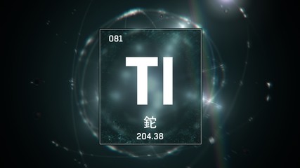 3D illustration of Thallium as Element 81 of the Periodic Table. Green illuminated atom design background with orbiting electrons name atomic weight element number in Chinese language