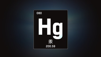 3D illustration of Mercury as Element 80 of the Periodic Table. Grey illuminated atom design background with orbiting electrons name atomic weight element number in Chinese language