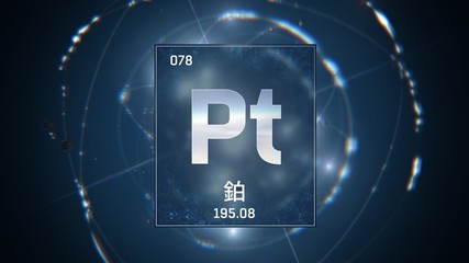 3D illustration of Platinum as Element 78 of the Periodic Table. Blue illuminated atom design background with orbiting electrons name atomic weight element number in Chinese language