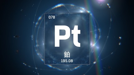 3D illustration of Platinum as Element 78 of the Periodic Table. Blue illuminated atom design background with orbiting electrons name atomic weight element number in Chinese language