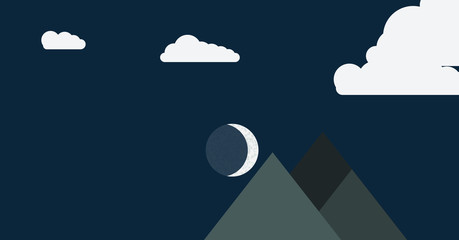 Mountains Panorame with Moon Abstract Random Placed Generative Art background illustration