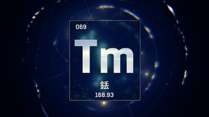 3D illustration of Thulium as Element 69 of the Periodic Table. Blue illuminated atom design background with orbiting electrons name atomic weight element number in Chinese language