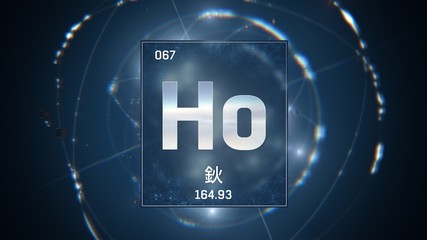 3D illustration of Holmium as Element 67 of the Periodic Table. Blue illuminated atom design background with orbiting electrons name atomic weight element number in Chinese language