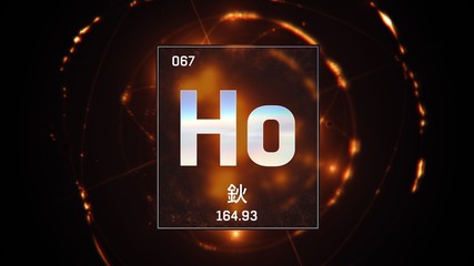 3D illustration of Holmium as Element 67 of the Periodic Table. Orange illuminated atom design background with orbiting electrons name atomic weight element number in Chinese language