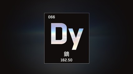 3D illustration of Dysprosium as Element 66 of the Periodic Table. Grey illuminated atom design background with orbiting electrons name atomic weight element number in Chinese language