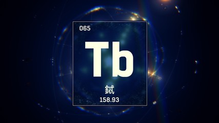 3D illustration of Terbium as Element 65 of the Periodic Table. Blue illuminated atom design background with orbiting electrons name atomic weight element number in Chinese language