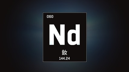 3D illustration of Neodymium as Element 60 of the Periodic Table. Grey illuminated atom design background orbiting electrons name, atomic weight element number in Chinese language