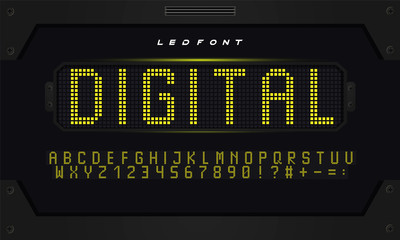 Original vector yellow digital led font. Futuristic design background.