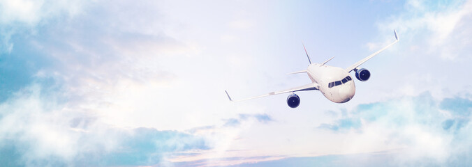 Large panorama of evening sunset sky with beautiful clouds.