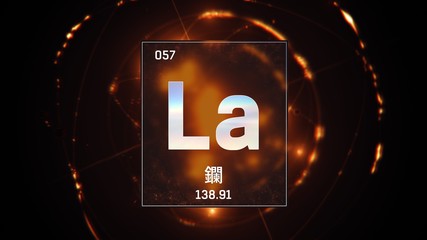 3D illustration of Lanthanum as Element 57 of the Periodic Table. Orange illuminated atom design background orbiting electrons name, atomic weight element number in Chinese language