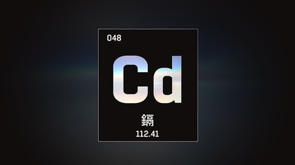 3D illustration of Cadmium as Element 48 of the Periodic Table. Grey illuminated atom design background orbiting electrons name, atomic weight element number in Chinese language