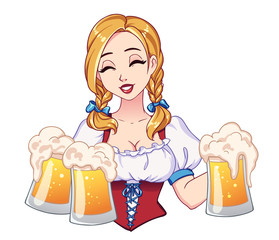 Beautiful girl with blonde pigtails and closed eyes holding beer mugs.