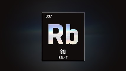 3D illustration of Rubidium as Element 37 of the Periodic Table. Grey illuminated atom design background orbiting electrons name, atomic weight element number in Chinese language