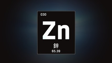 3D illustration of Zinc as Element 30 of the Periodic Table. Grey illuminated atom design background with orbiting electrons. Design shows name, atomic weight and element number