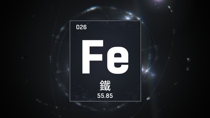 3D illustration of Iron as Element 26 of the Periodic Table. Silver illuminated atom design background orbiting electrons name, atomic weight element number in Chinese language