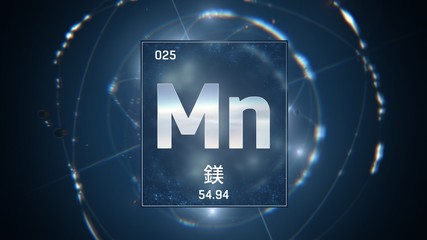 3D illustration of Manganese as Element 25 of the Periodic Table. Blue illuminated atom design background orbiting electrons name, atomic weight element number in Chinese language