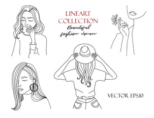 Fototapeta na wymiar Lineart collection. Beautiful fashion women. Vector illustration on white background. Beautiful portraits, hands, flowers