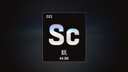 3D illustration of Scandium as Element 21 of the Periodic Table. Grey illuminated atom design background orbiting electrons name, atomic weight element number in Chinese language