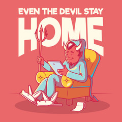 Devil in pijama vector illustration. Quarantine, home, living, technology design concept