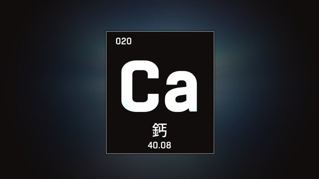 3D illustration of Calcium as Element 20 of the Periodic Table. Grey illuminated atom design background orbiting electrons name, atomic weight element number in Chinese language